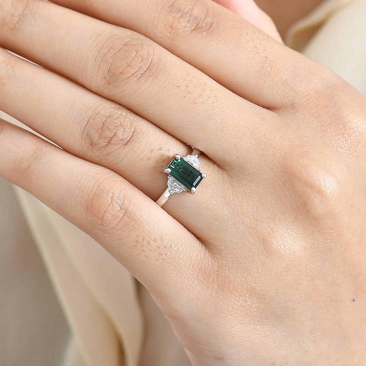 AAA Pirineu Lagoon Tourmaline and Luxuriant Lab Grown Diamond E-F VS 2.10 ctw Ring in 10K White Gold (Size 9.0) image number 2