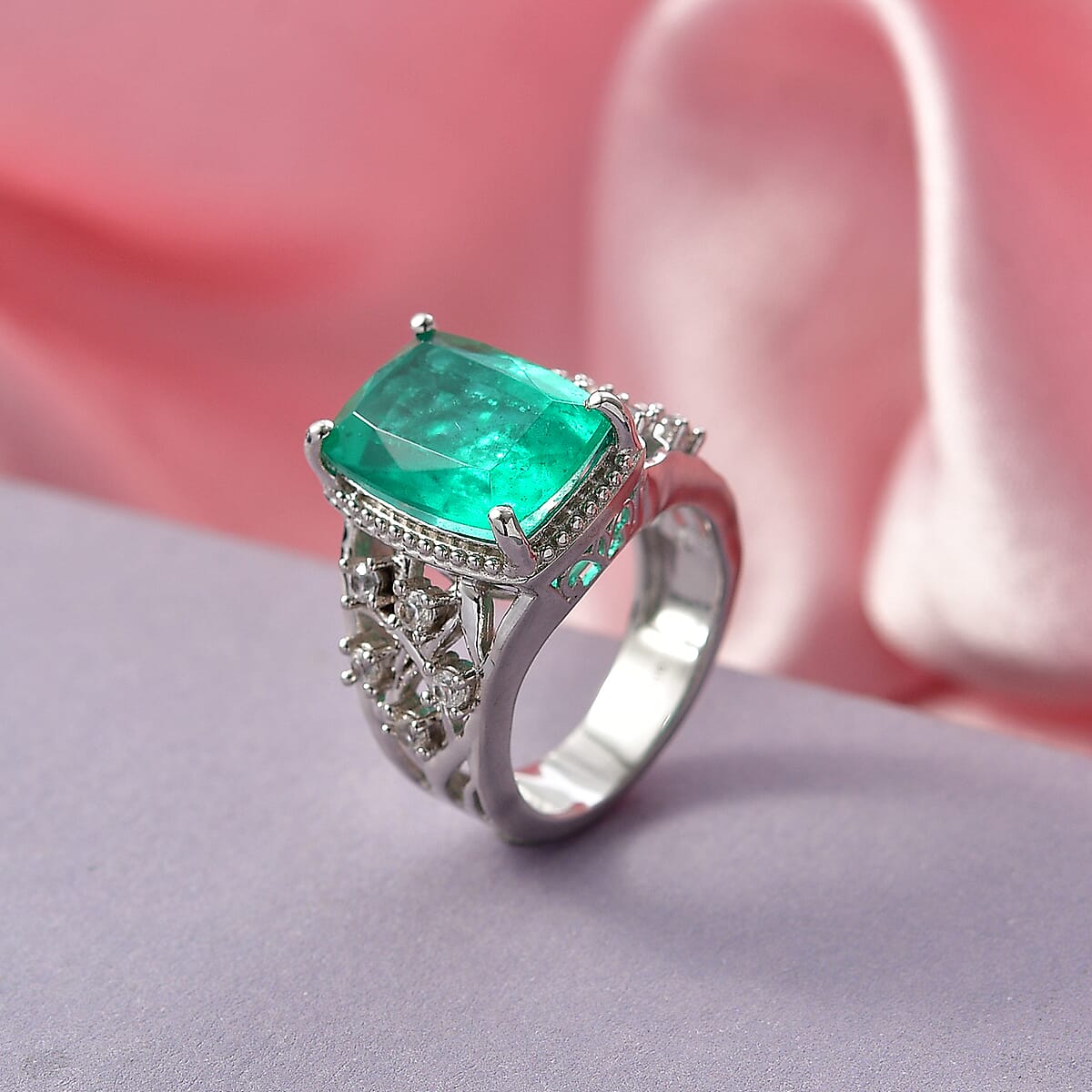 EverTrue Emeraldine Quartz, White Zircon Ring in Platinum Bond (Size 10.0) 7.50 ctw image number 1