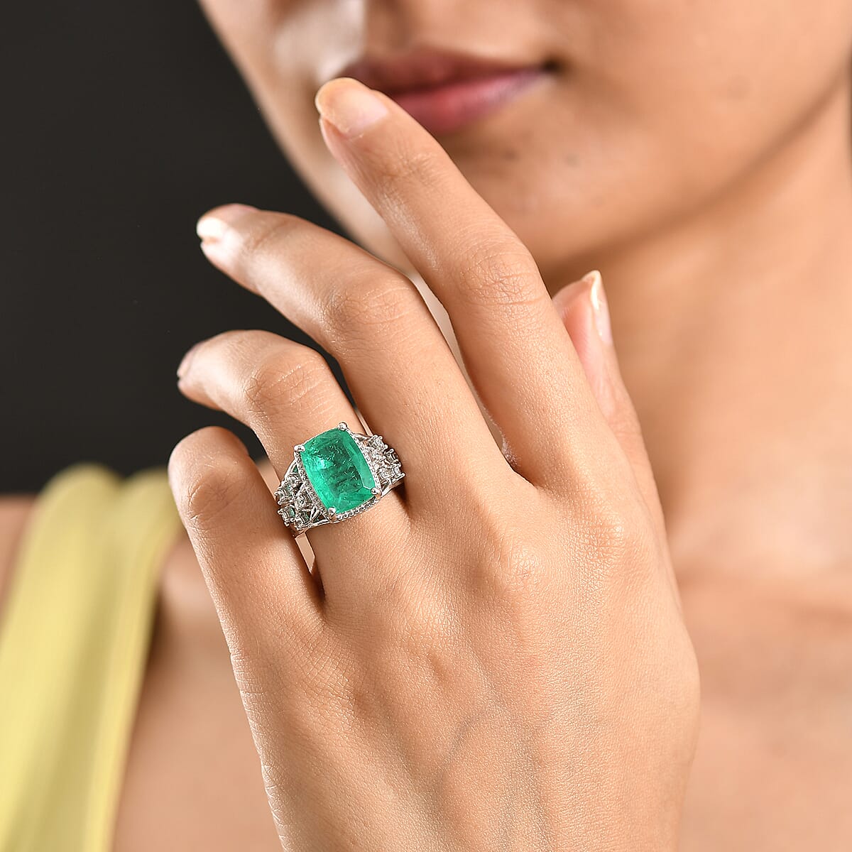EverTrue Emeraldine Quartz (Triplet) and White Zircon 7.50 ctw Ring in Platinum Bond (Size 7.0) image number 2