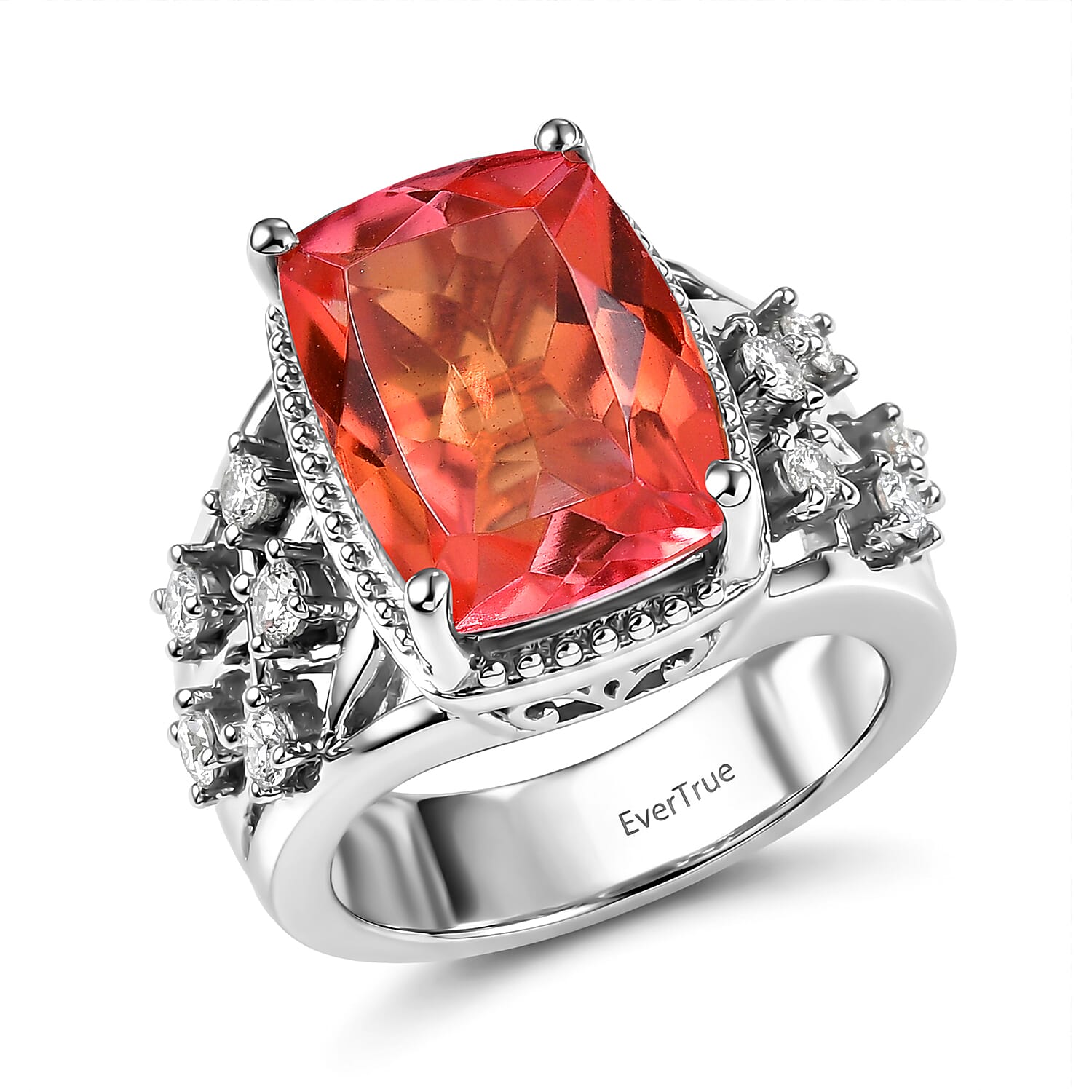 EverTrue Padparadscha Quartz (Triplet) and White Zircon 7.50 ctw Ring in Platinum Bond (Size 8.0)