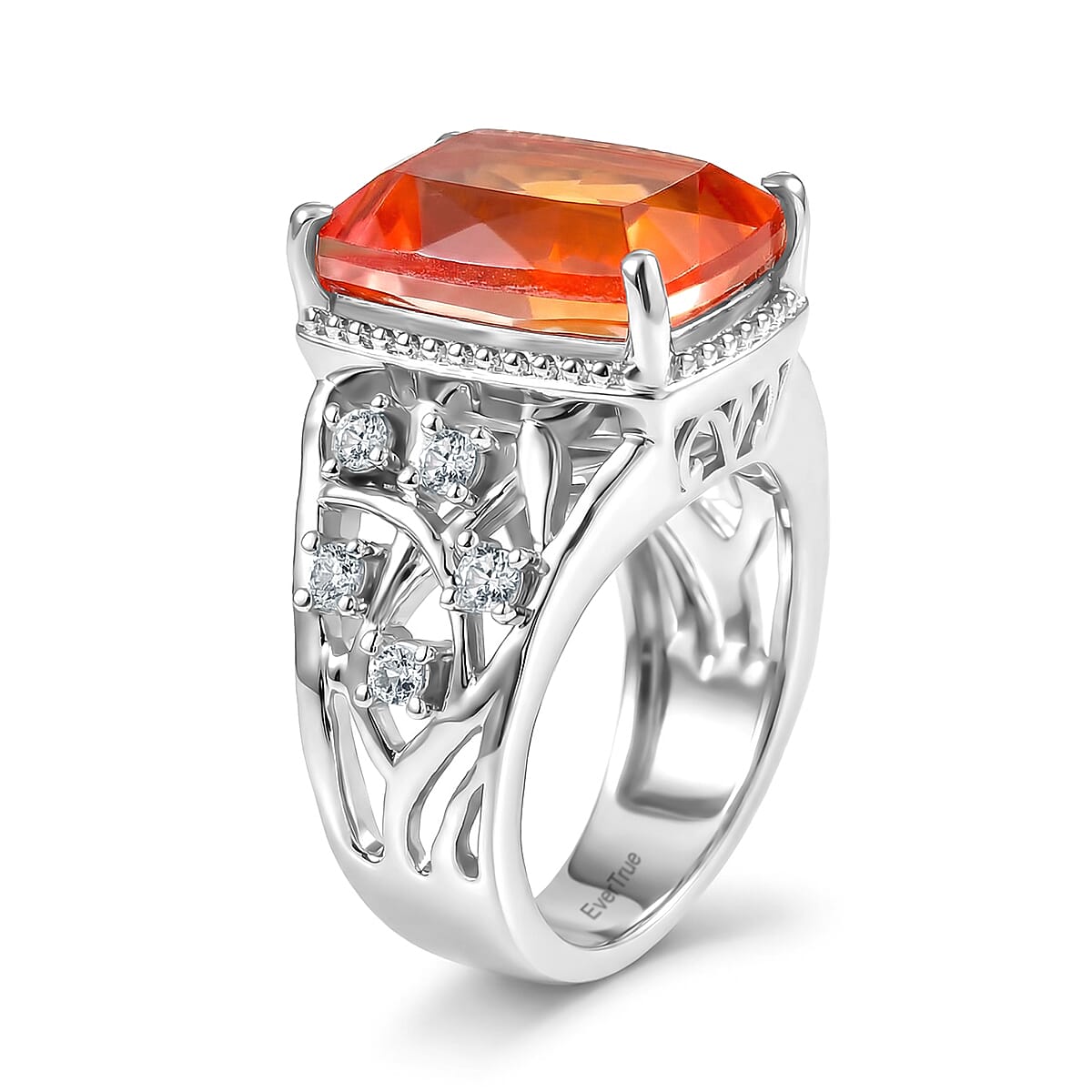 EverTrue Padparadscha Quartz (Triplet) and White Zircon 7.50 ctw Ring in Platinum Bond (Size 8.0)