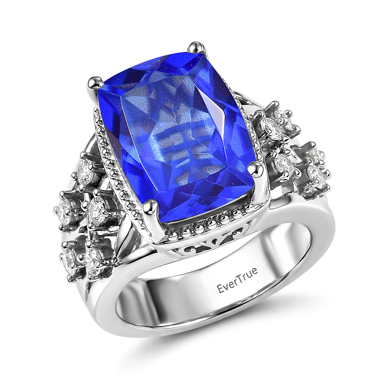 EverTrue Ceylon Blue Quartz (Triplet) and White Zircon 7.60 ctw Ring in Platinum Bond (Size 5.0)