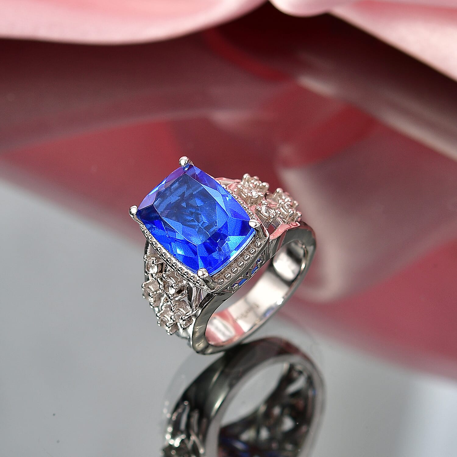 EverTrue Ceylon Blue Quartz (Triplet) and White Zircon 7.60 ctw Ring in Platinum Bond (Size 5.0)