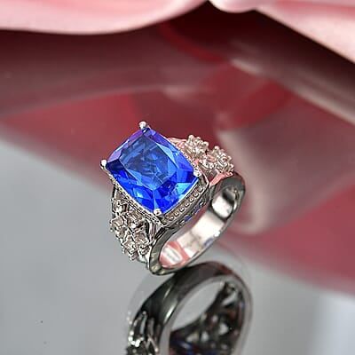EverTrue Ceylon Blue Quartz (Triplet) and White Zircon 7.60 ctw Ring in Platinum Bond (Size 5.0)