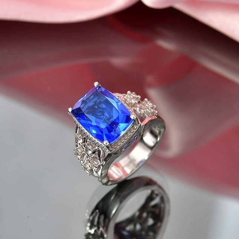 EverTrue Ceylon Blue Quartz (Triplet) and White Zircon 7.60 ctw Ring in Platinum Bond (Size 5.0)
