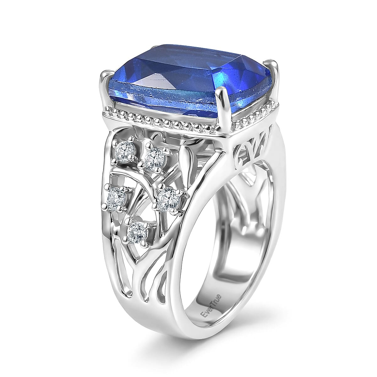 EverTrue Ceylon Blue Quartz (Triplet) and White Zircon 7.60 ctw Ring in Platinum Bond (Size 5.0)