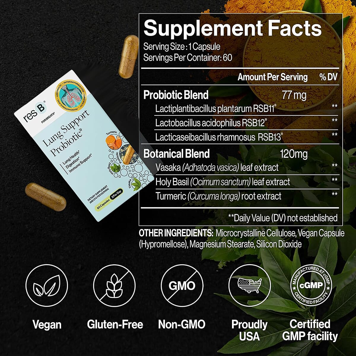 resB&reg; Lung Support Probiotic Dietary Supplement (60 Capsules) Made in US image number 4