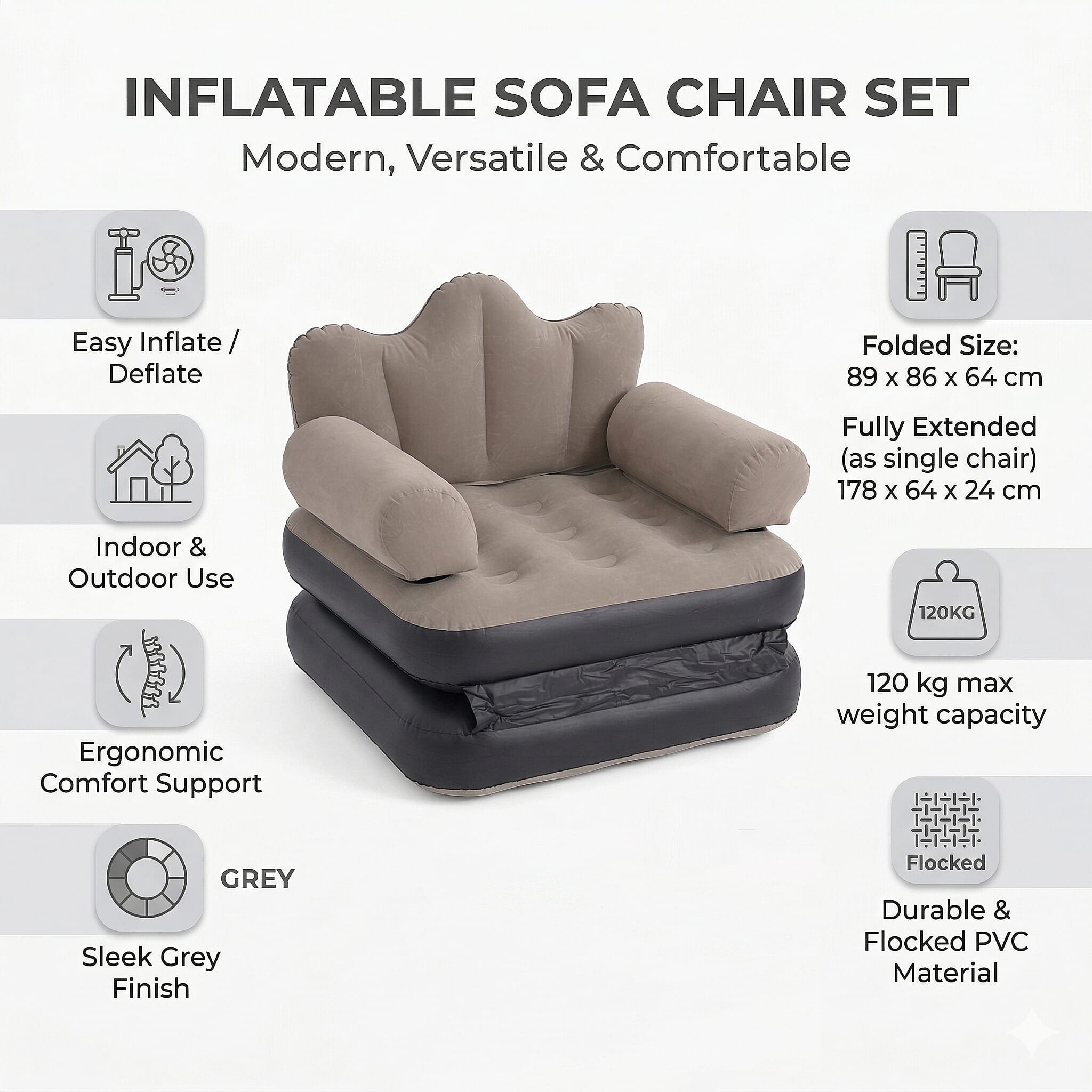 Gray Inflatable Lounge Chair with Detachable Footrest