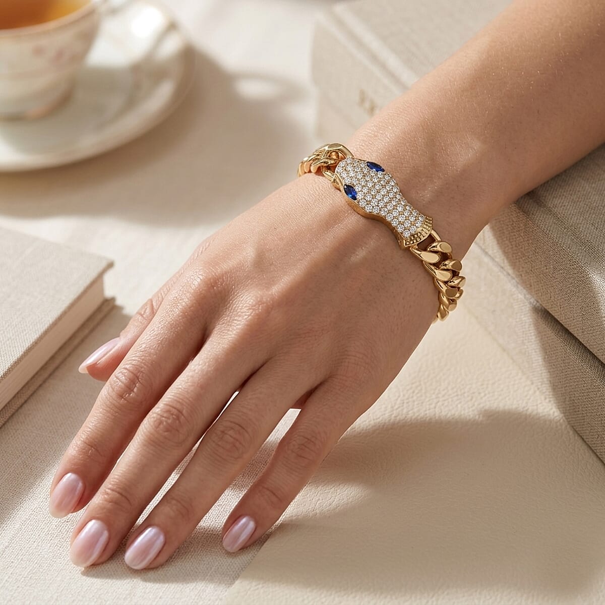 Blue and White Austrian Crystal Bracelet in Goldtone (10.50 In) image number 2