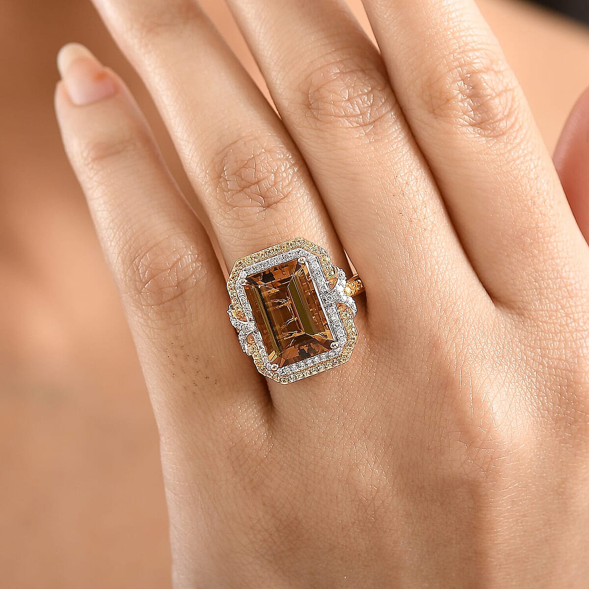 Luxoro AAA Marialite, Yellow Sapphire and Diamond I2 7.70 ctw Art Deco Ring in 10K Rose Gold (Size 5.0) 5.35 Grams image number 2