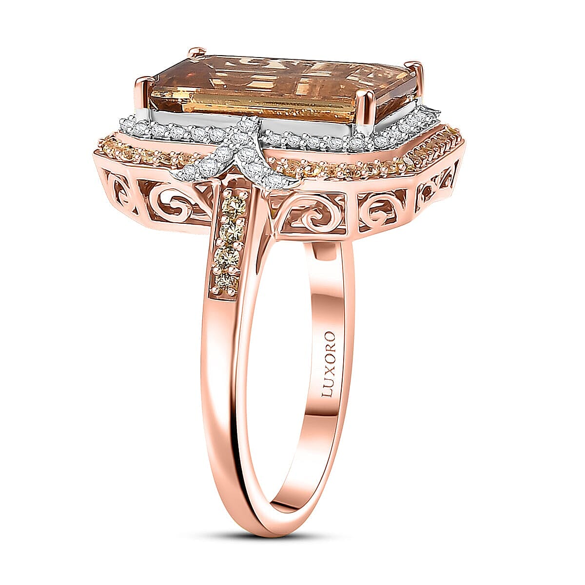 Luxoro AAA Marialite, Yellow Sapphire and Diamond I2 7.70 ctw Art Deco Ring in 10K Rose Gold (Size 6.5) 5.35 Grams image number 3