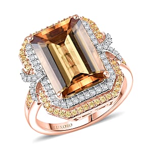 Luxoro AAA Marialite, Yellow Sapphire and Diamond I2 7.70 ctw Art Deco Ring in 10K Rose Gold (Size 8.0) 5.35 Grams