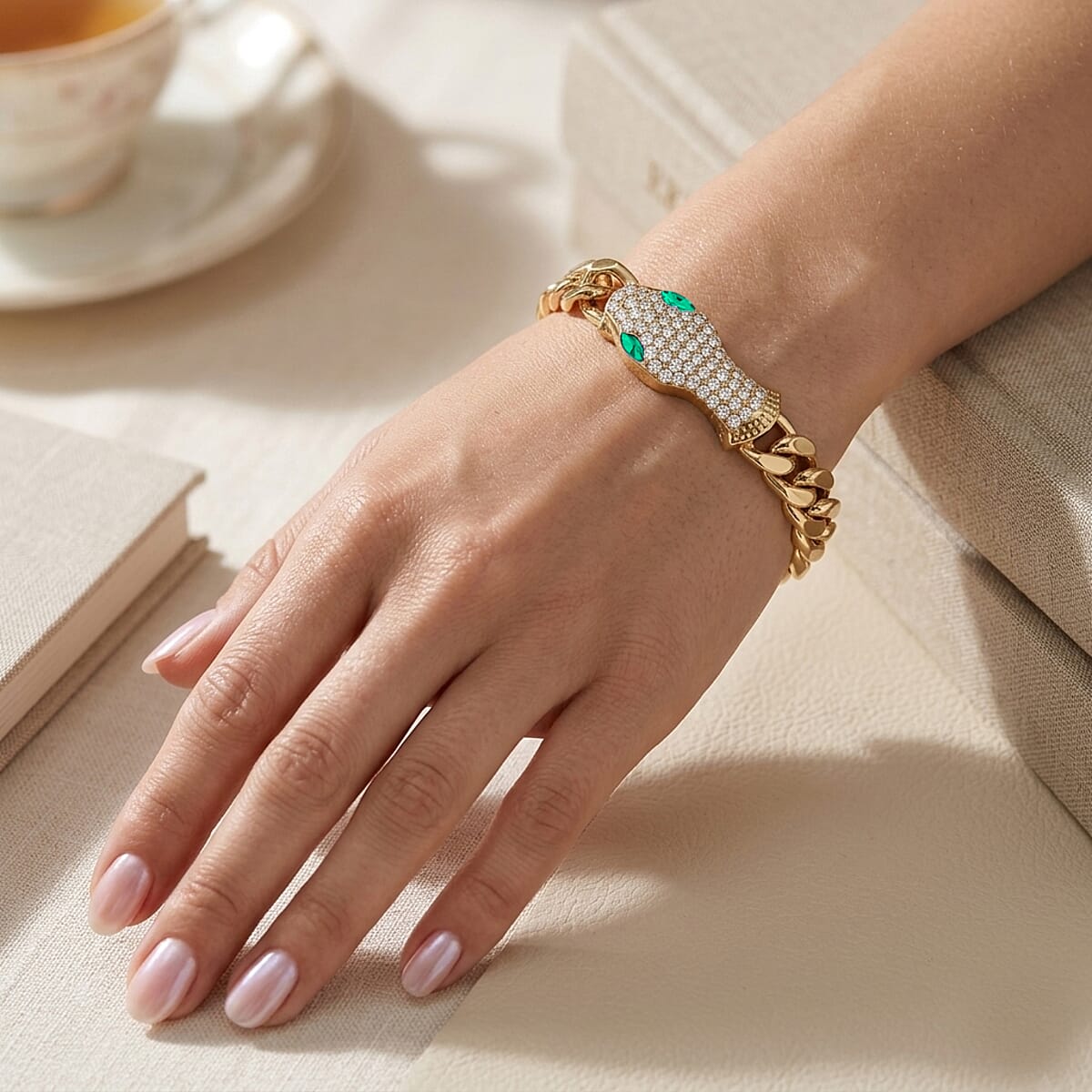 White and Green Austrian Crystal Serpent Bracelet in Goldtone (10.50 In) image number 2