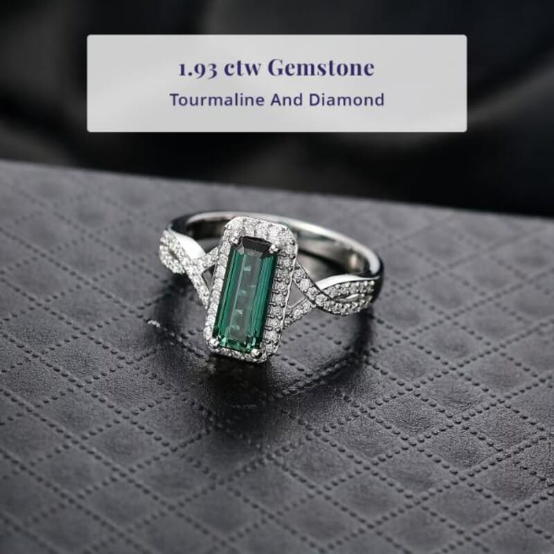 Luxoro 10K White Gold  AAA   Lagoon Tourmaline ,  White Diamond  I2 Main Stone With Side Stone Ring ,  Gold Wt. 3.44 g 1.93 ctw (Size 10.0) 1.93 ctw