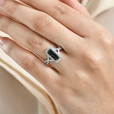 Luxoro 10K White Gold  AAA   Lagoon Tourmaline ,  White Diamond  I2 Main Stone With Side Stone Ring ,  Gold Wt. 3.44 g 1.93 ctw (Size 11.0) 1.93 ctw