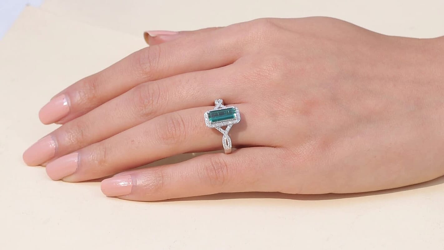 Luxoro 10K White Gold AAA Lagoon Tourmaline,  Diamond (I2) Ring (Size 8.0) 1.93 ctw