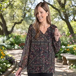 Closeout Christopher & Banks Black Printed Tie Neck Chiffon Blouse - Large