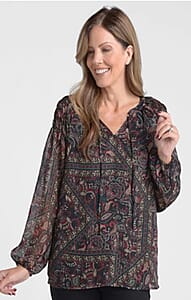 Closeout Christopher & Banks Black Printed Tie Neck Chiffon Blouse - Petite Small