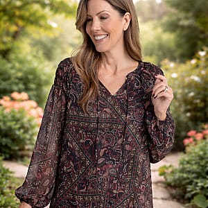 Closeout Christopher & Banks Black Printed Tie Neck Chiffon Blouse - Petite Small