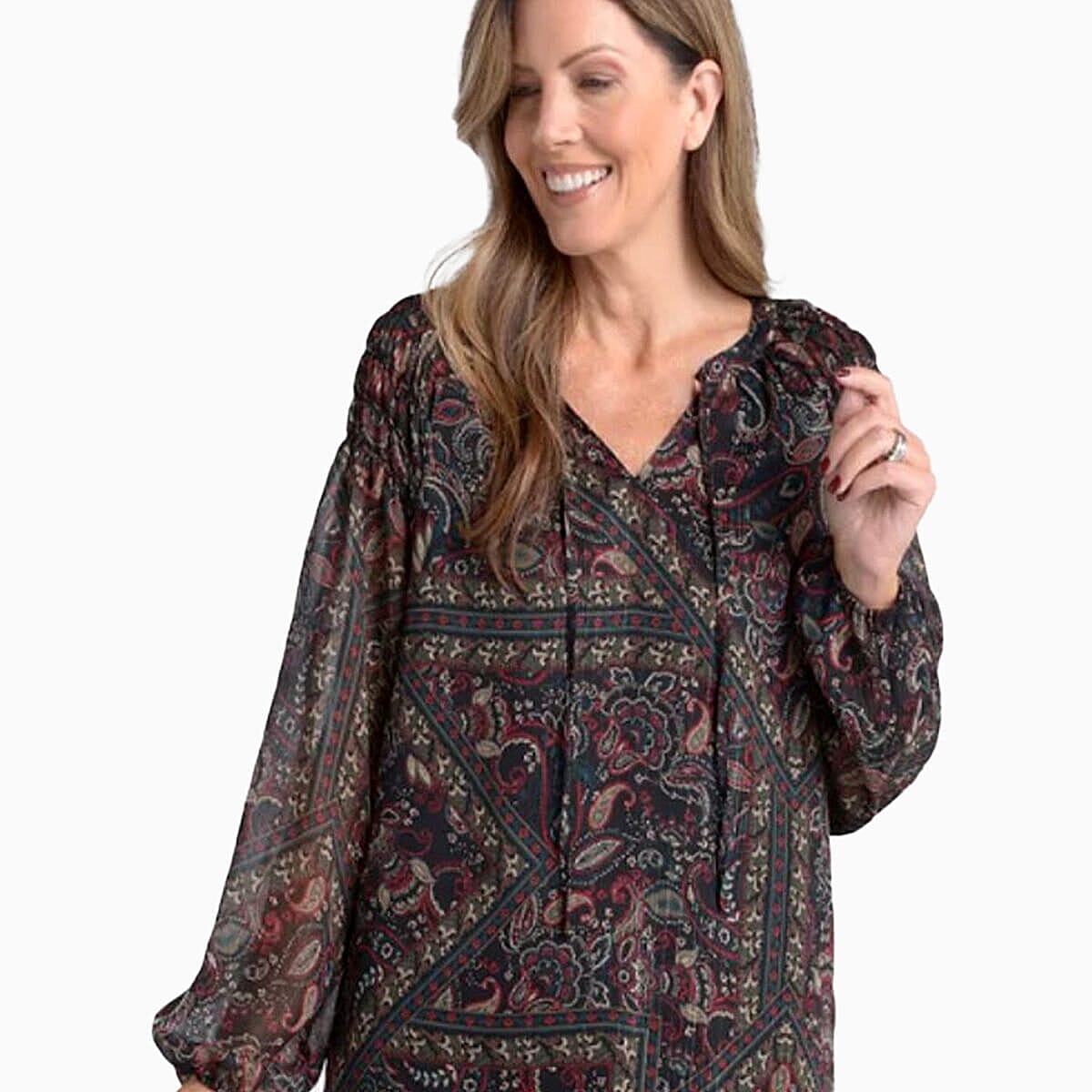 Closeout Christopher & Banks Black Printed Tie Neck Chiffon Blouse - Petite Medium
