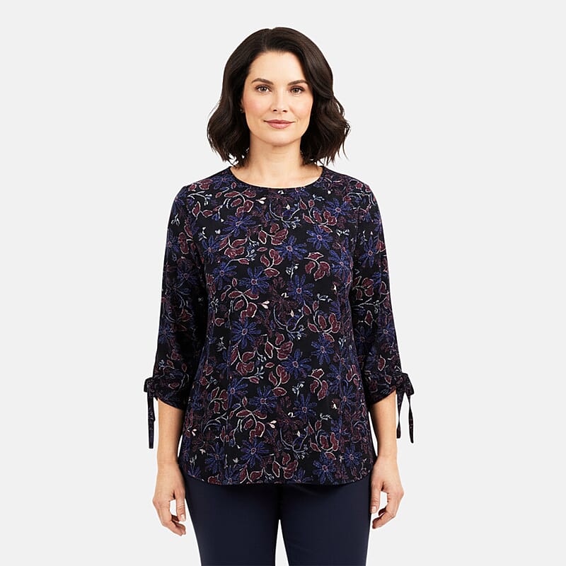 Closeout Christopher & Banks Navy Floral Printed Jewel Neck Long Sleeve Blouse - Large