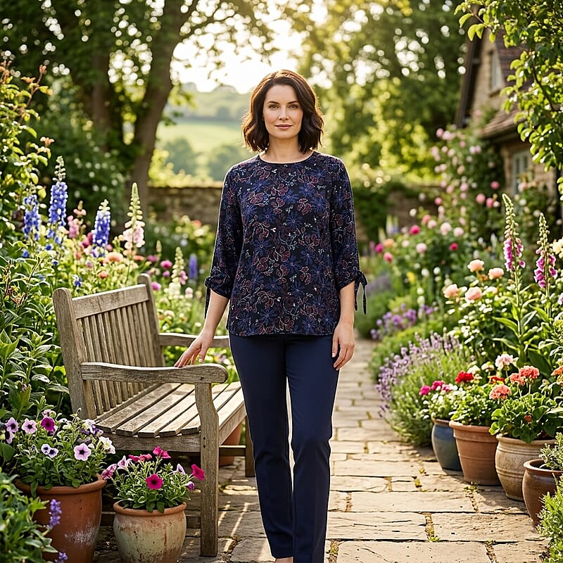 Closeout Christopher & Banks Navy Floral Printed Jewel Neck Long Sleeve Blouse - Large