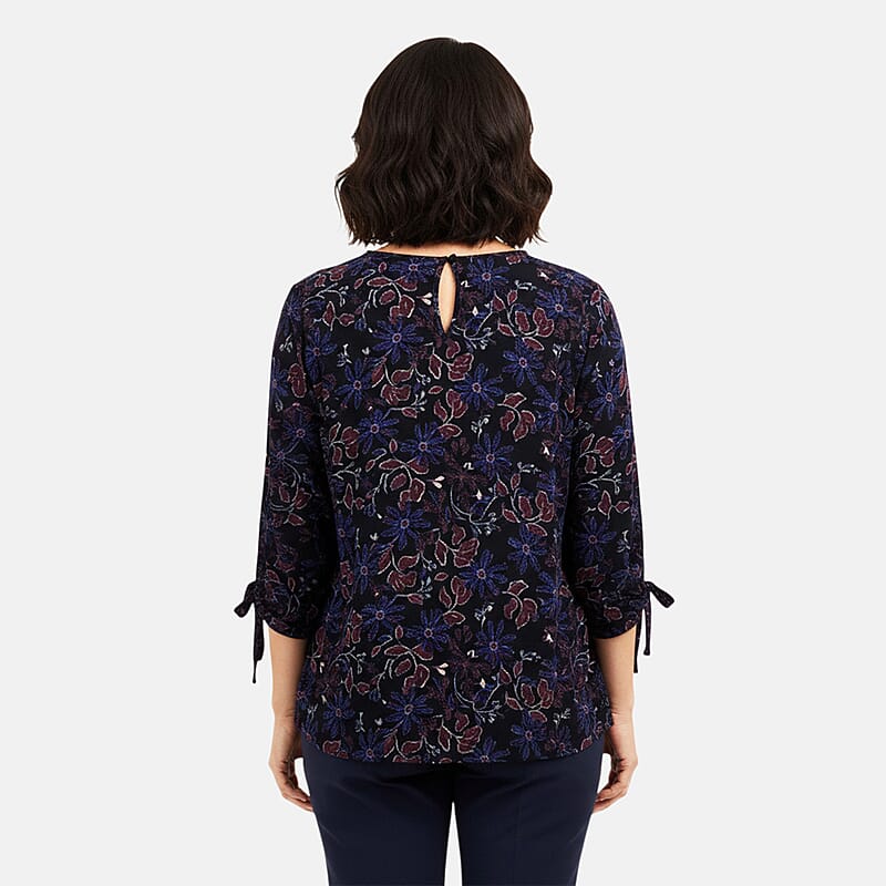 Closeout Christopher & Banks Navy Floral Printed Jewel Neck Long Sleeve Blouse - Large