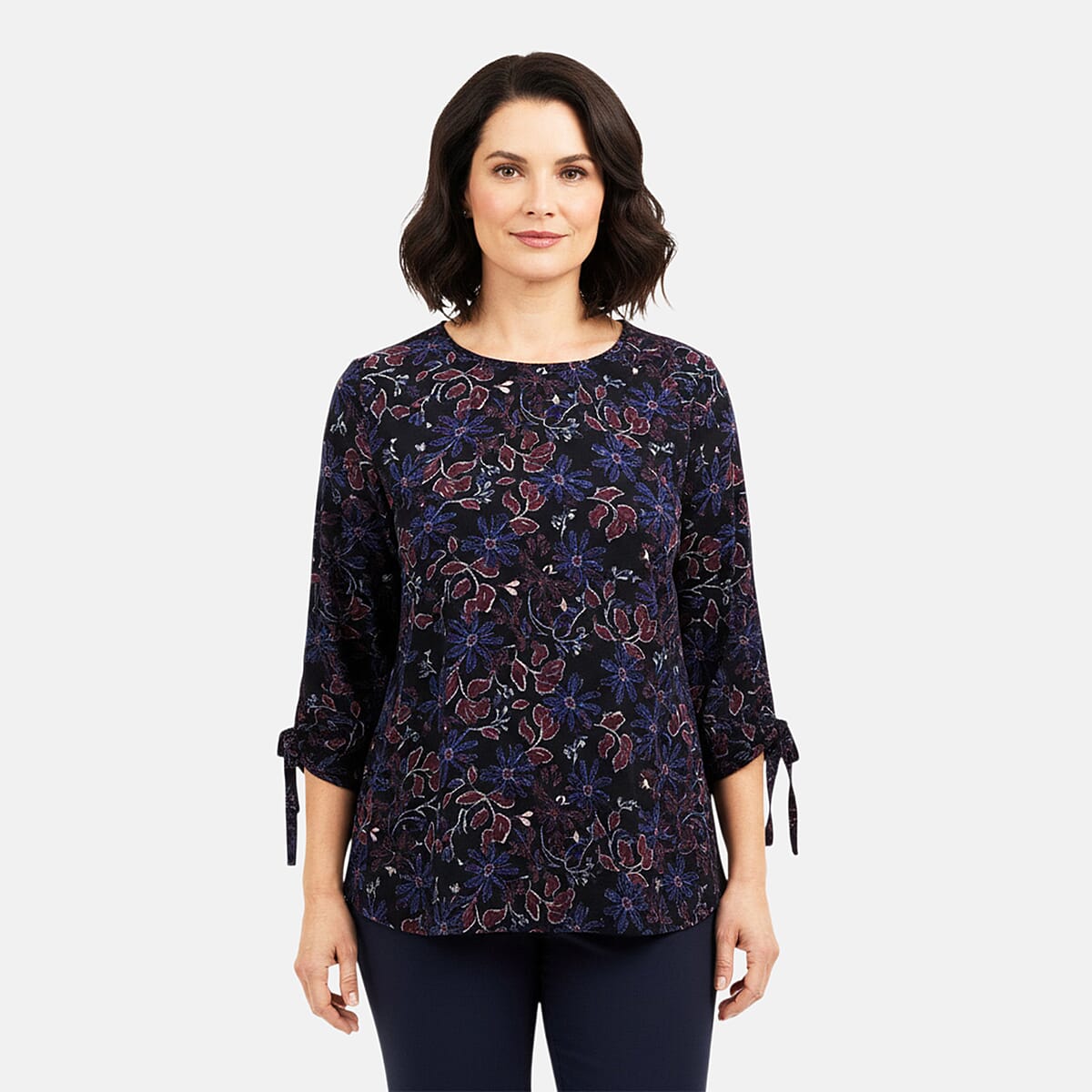 Closeout Christopher & Banks Navy Floral Printed Jewel Neck Long Sleeve Blouse - Medium image number 0