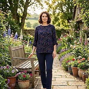 Closeout Christopher & Banks Navy Floral Printed Jewel Neck Long Sleeve Blouse - 2X