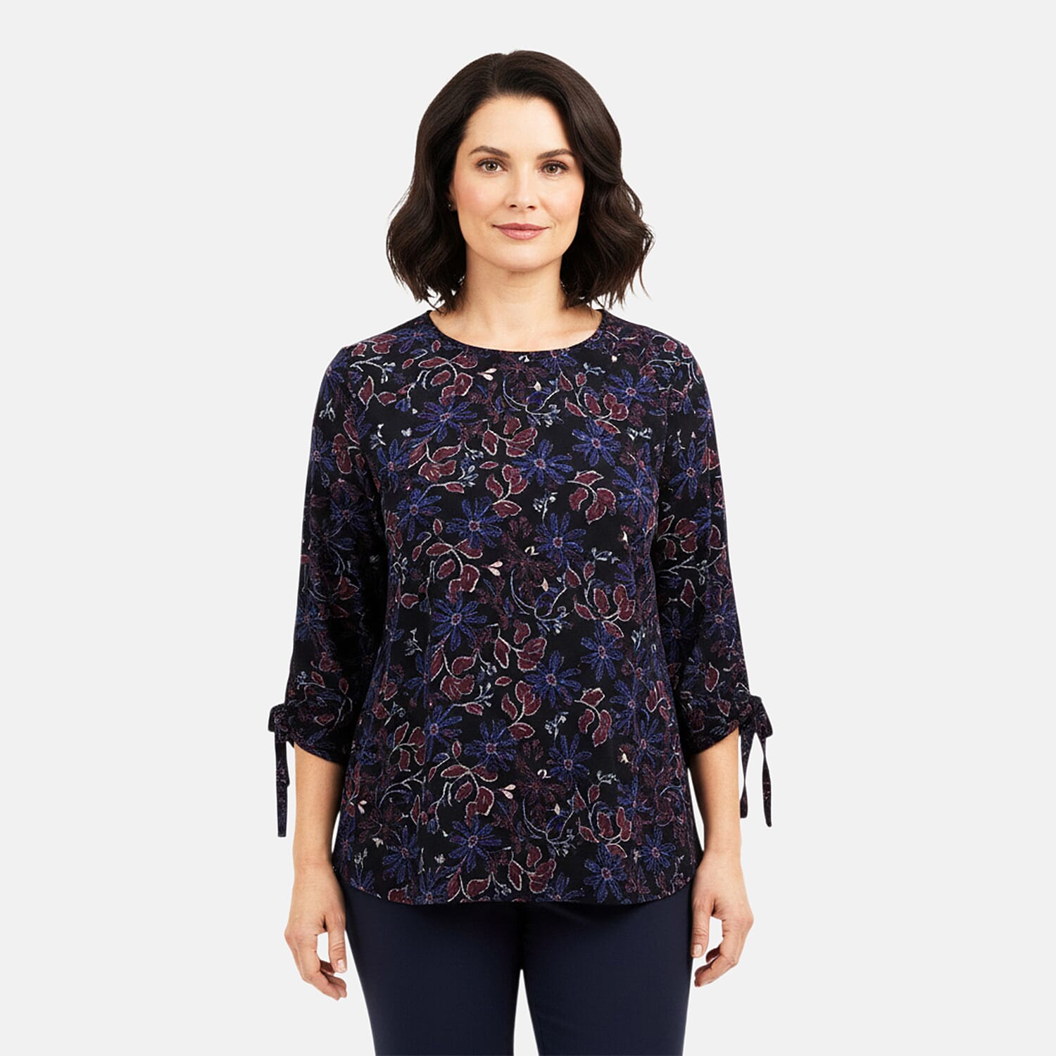 Closeout Christopher & Banks Navy Floral Printed Jewel Neck Long Sleeve Blouse - Petite Small