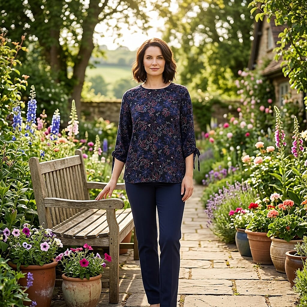 Closeout Christopher & Banks Navy Floral Printed Jewel Neck Long Sleeve Blouse - Petite Small