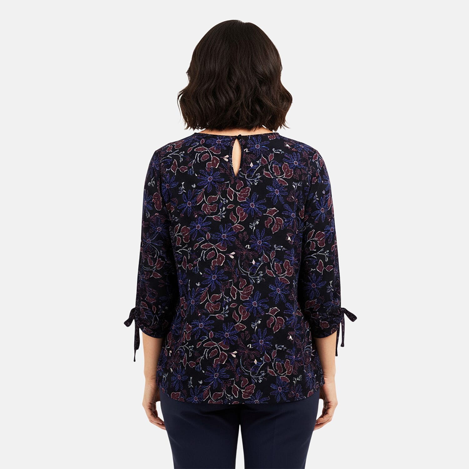 Closeout Christopher & Banks Navy Floral Printed Jewel Neck Long Sleeve Blouse - Petite Small