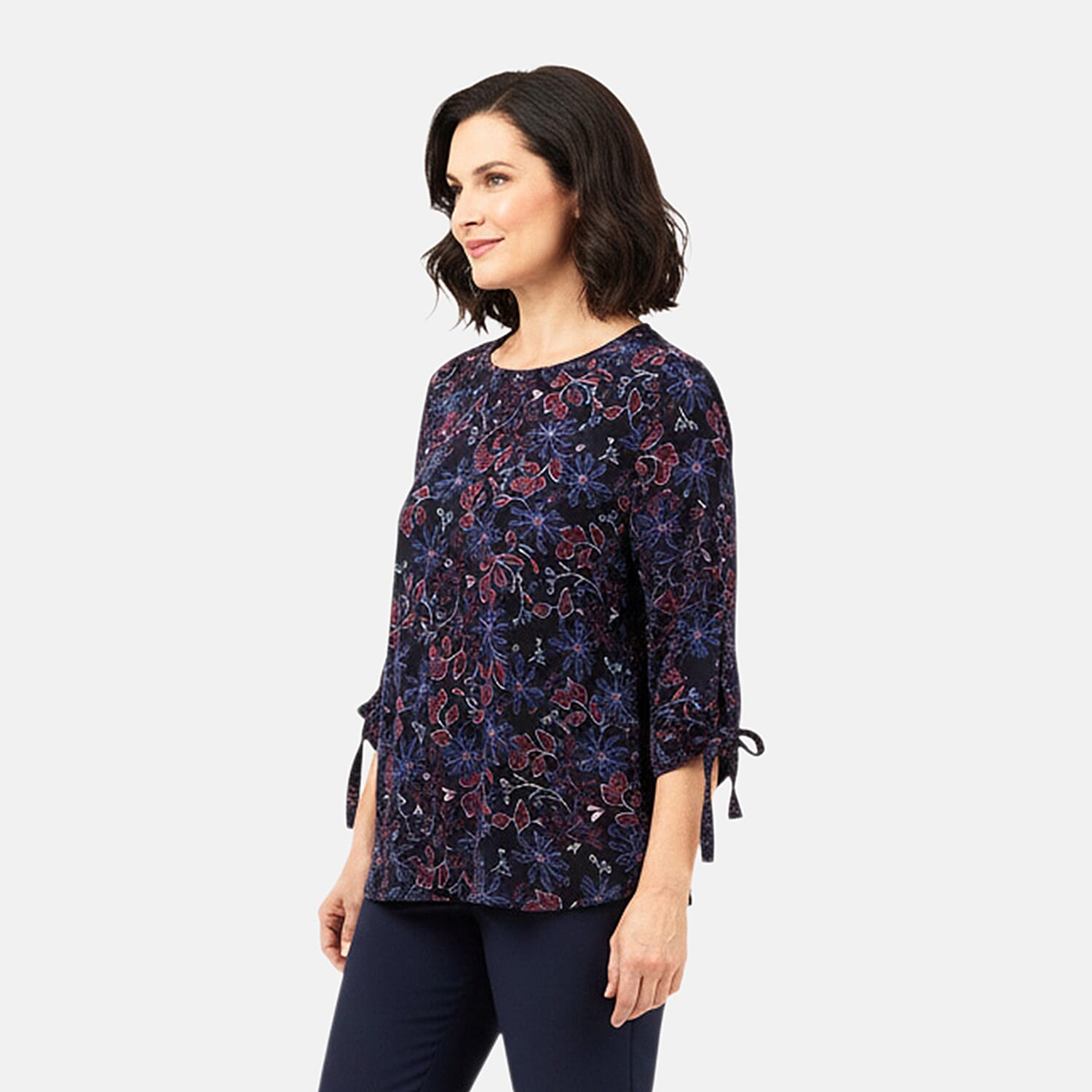 Closeout Christopher & Banks Navy Floral Printed Jewel Neck Long Sleeve Blouse - Petite Small
