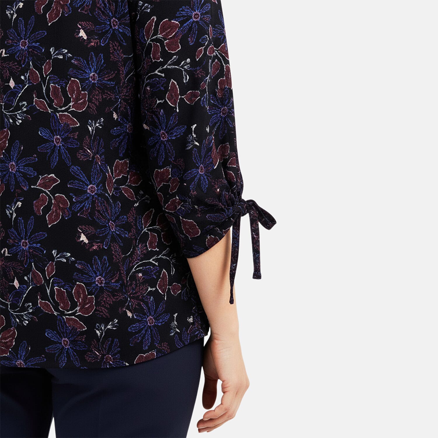 Closeout Christopher & Banks Navy Floral Printed Jewel Neck Long Sleeve Blouse - Petite Small