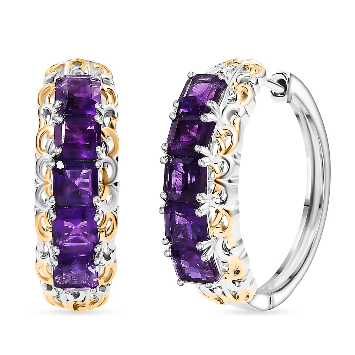 EverTrue African Amethyst 3.65 ctw Art Nouveau Hoop Earrings in 18K YG Plated and Platinum Bond