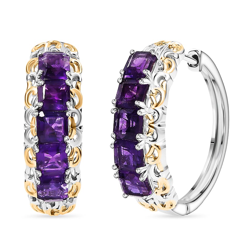 EverTrue African Amethyst 3.65 ctw Art Nouveau Hoop Earrings in 18K YG Plated and Platinum Bond