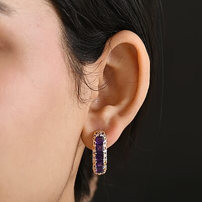 EverTrue African Amethyst 3.65 ctw Art Nouveau Hoop Earrings in 18K YG Plated and Platinum Bond