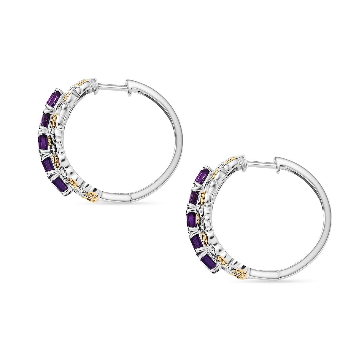 EverTrue African Amethyst 3.65 ctw Art Nouveau Hoop Earrings in 18K YG Plated and Platinum Bond