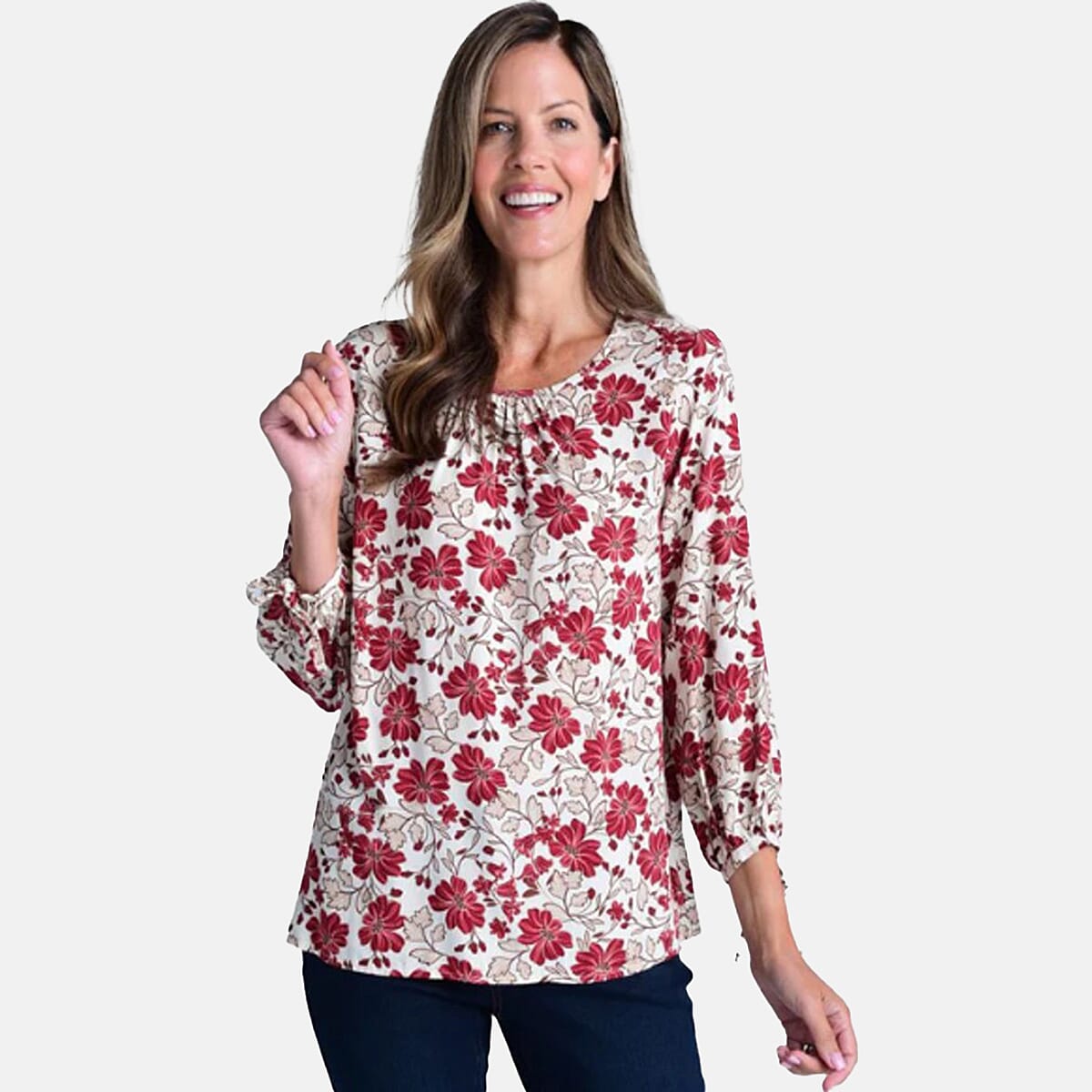 Closeout Christopher & Banks White Floral Printed Jewel Neck Long Sleeve Blouse - Large