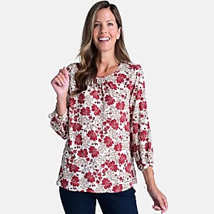 Closeout Christopher & Banks White Floral Printed Jewel Neck Long Sleeve Blouse - Large