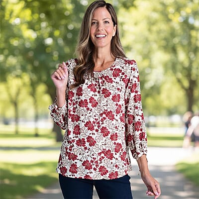 Closeout Christopher & Banks White Floral Printed Jewel Neck Long Sleeve Blouse - Petite Medium