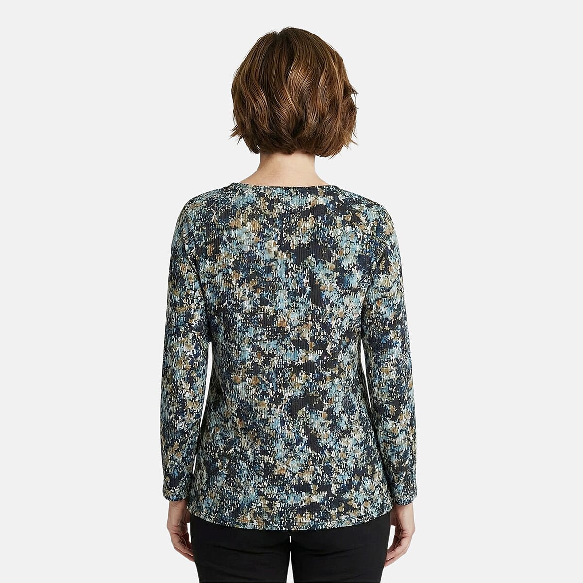 Closeout Christopher & Banks Blue Abstract Print Notch Neck Long Sleeve Tee - 1X image number 1