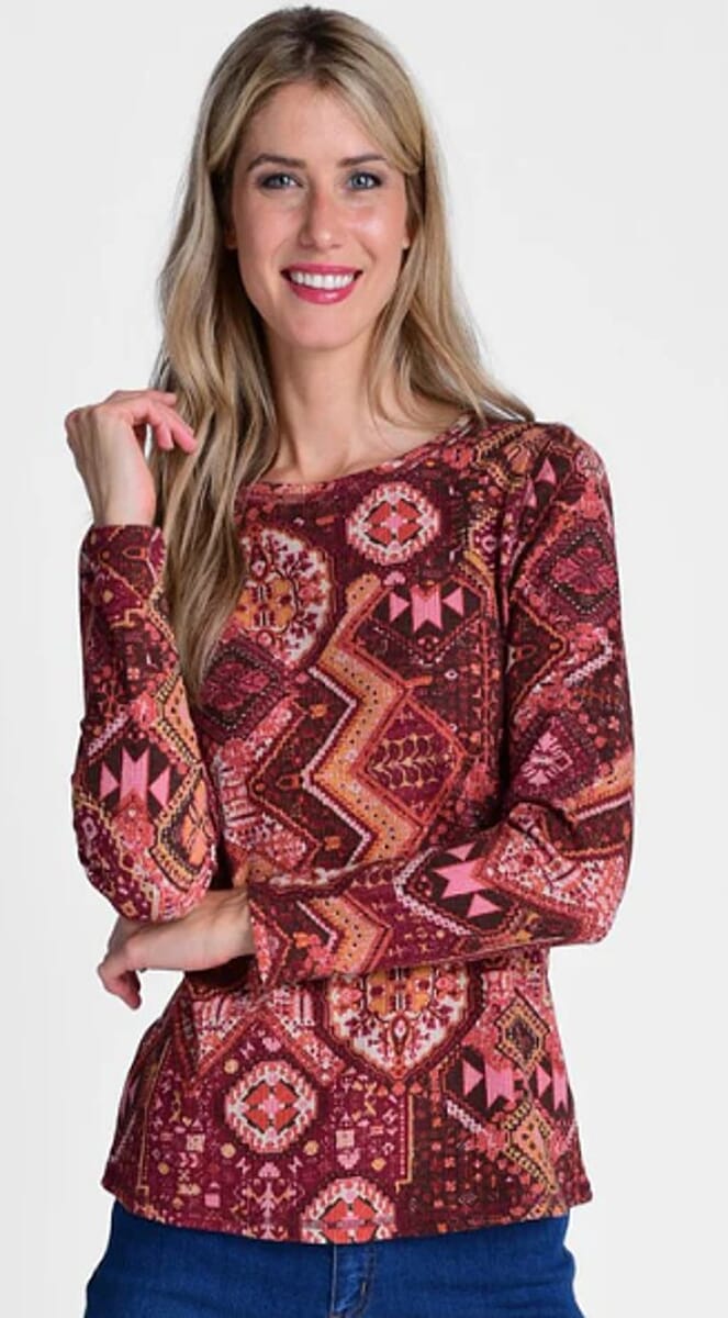 Closeout Christopher & Banks Burgundy Geometric Print Long Sleeve Thermal Tee - 1X image number 0