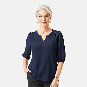 Closeout Christopher & Banks Blue Novelty Split Neck Ruffled Puff Sleeve Tee - Large