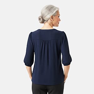 Closeout Christopher & Banks Blue Novelty Split Neck Ruffled Puff Sleeve Tee - Large