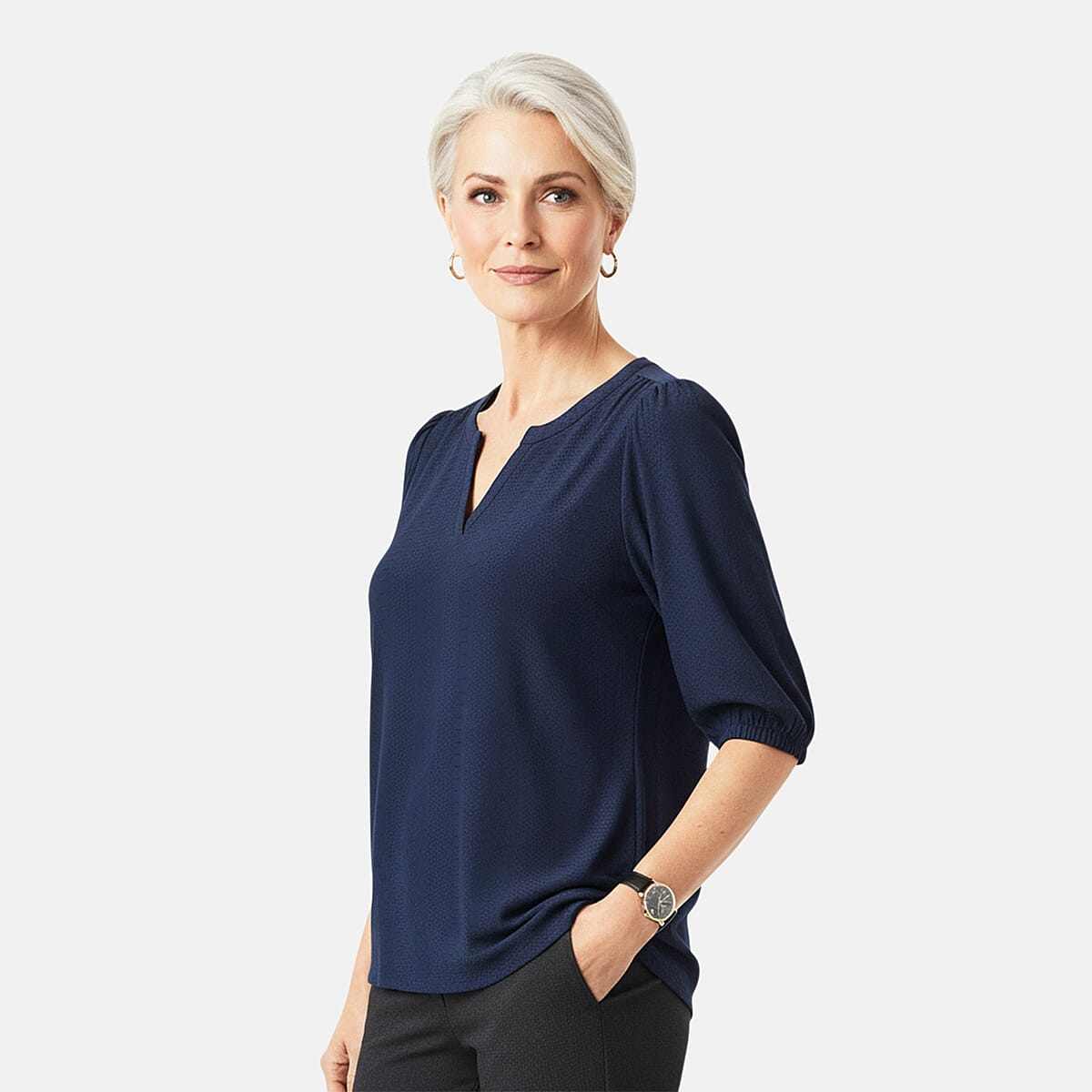 Closeout Christopher & Banks Blue Novelty Split Neck Ruffled Puff Sleeve Tee - Large image number 2