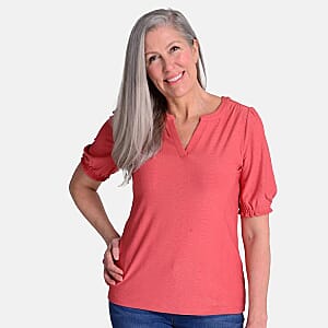 Closeout Christopher & Banks Pink Novelty Split Neck Ruffled Puff Sleeve Tee - Medium