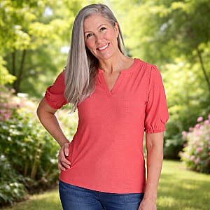 Closeout Christopher & Banks Pink Novelty Split Neck Ruffled Puff Sleeve Tee - Medium