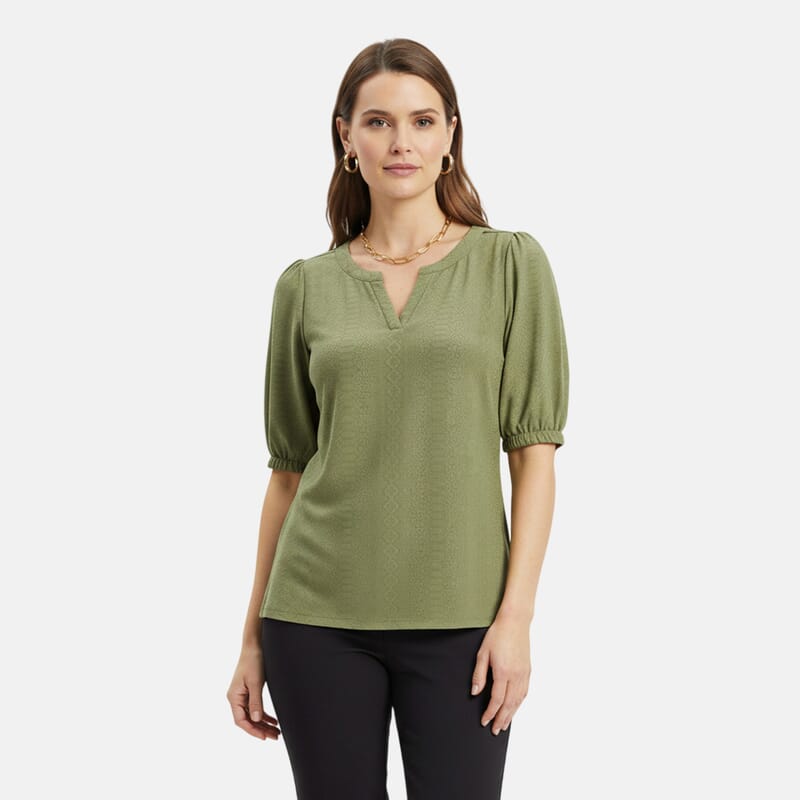 Closeout Christopher & Banks Green Novelty Split Neck Ruffled Puff Sleeve Tee - Large
