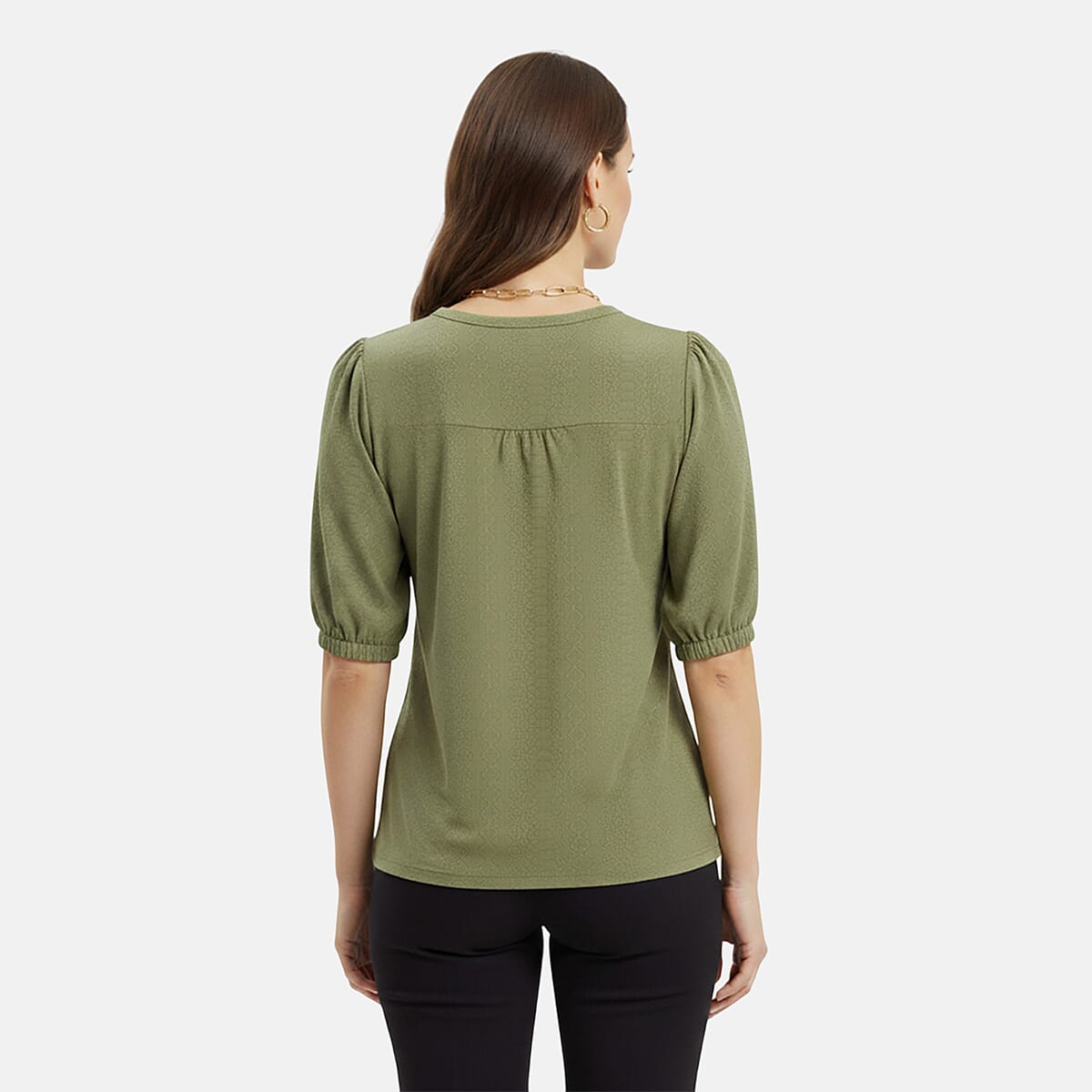 Closeout Christopher & Banks Green Novelty Split Neck Ruffled Puff Sleeve Tee - Large image number 2